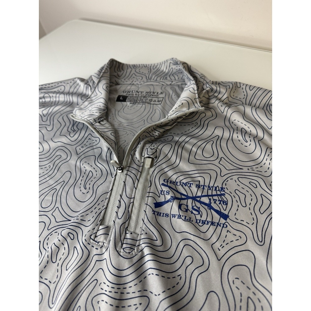 Mens Grunt Style 1/4 Zip Pullover Size Large Topography Map AOP Stretch Gray